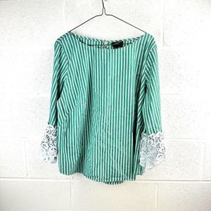 Liz Claiborne Lindsy Green Striped Long Bell Sleeved Lace Blouse Women’s Sz XL